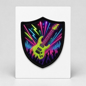 Écussons brodés en tissu chenille avec logo personnalisé, motif bouclier, guitare électrique néon, éclair, synthwave des années <span class=keywords><strong>80</strong></span>, badge en métal, <span class=keywords><strong>musique</strong></span> rock, pour chapeaux - Product Image 1