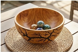 Bol de service rond en bois fait main, élégant, avec motif brûlé par électrolyse, idéal pour servir des fruits et des salades - Product Image 5