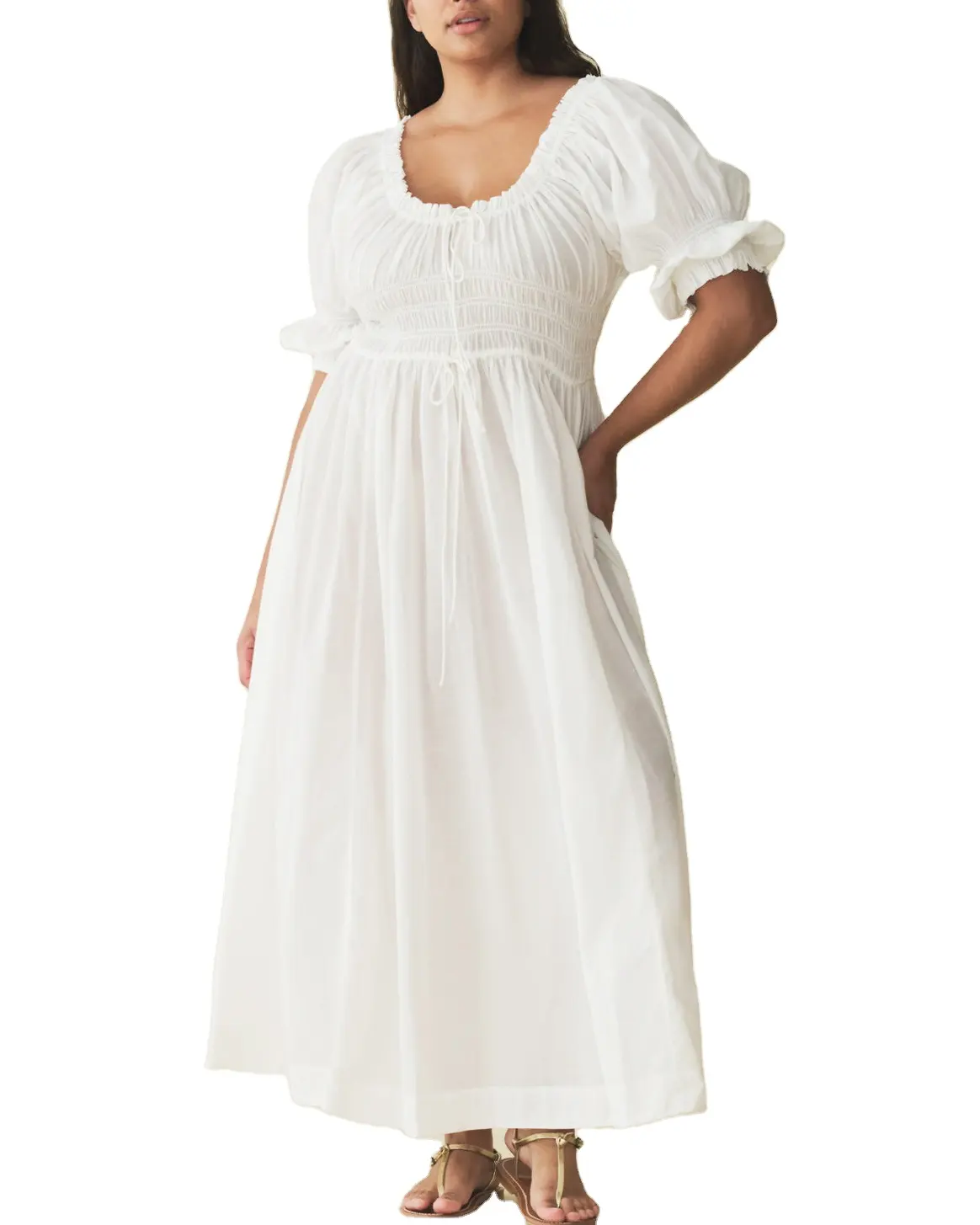 Fabricante de ropa personalizado Primavera Verano cuello cuadrado manga corta elegante casual mujer blanco algodón Midi vestido