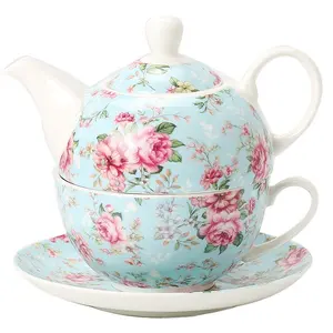 Luxury Teapot And Cup Custom Design Ceramic European Flower Garden Porcelain Tea Pot Cup Set Tea For One Teapot Set