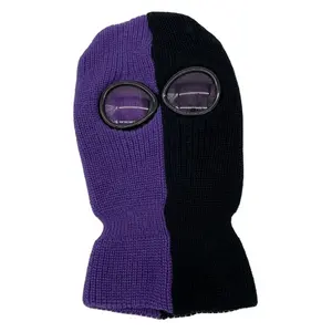 Balaclava CS personnalisée tricotée demi-noir et demi-violet <span class=keywords><strong>cagoule</strong></span> pour lunettes <span class=keywords><strong>cagoule</strong></span> en acrylique souple avec lunettes - Product Image 1