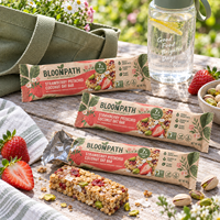 Sachet d'emballage personnalisé en papier kraft à fermeture arrière pour barres protéinées végétaliennes (fraise, pistache, noix de coco, flocons d'avoine)