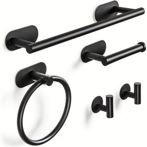 Juego de 5 Toalleros Adhesivos de Acero Inoxidable Negro Mate para Montar en la Pared del Baño, Soporte para Toallas y Papel Higiénico - Product Image 3