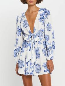 Women's White Printed V-Neck Ruffle Tie-Waist <b>Lantern</b> Sleeve <b>Mini</b> Dress Elegant Sophisticated Spring Breathable Bow ODM - Product Image 2