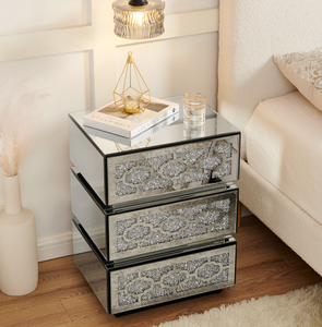 OE HOME Modern 3-Drawer <b>Chest</b> Bedside Table Hot Sale Crushed Diamond Mirrored Nightstand with <b>Storage</b> for Bedroom or Apartment - Product Image 1