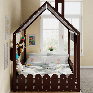 Cama Montessori de tamaño completo <span class=keywords><strong>para</strong></span> niños, cama de piso con barandillas, tienda de campaña, luces y 3 estantes de almacenamiento, color espresso - Product Image 5