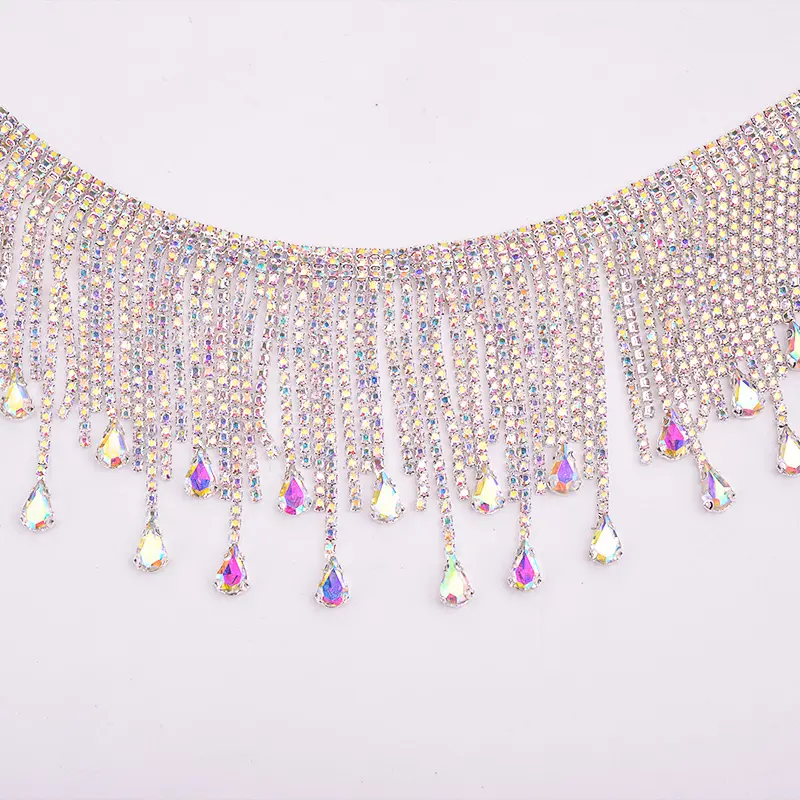 Chaîne de Strass AB en cristal à paillettes AB, 1 pièce, garniture de chaîne à Strass, couture de gland en métal, frange