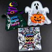Sac en plastique refermable de qualité alimentaire pour Halloween, avec logo imprimé UV personnalisé, sac en Mylar découpé, pour bonbons, biscuits, lait holographique