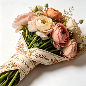 Ruban en satin imprimé floral vintage personnalisé avec logo doré, fabriqué au Vietnam, pour bouquets de mariage et emballages cadeaux - Product Image 1