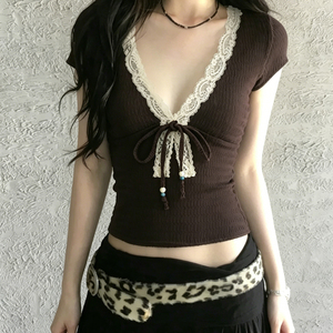 Vintage Textured Fabric Beaded V Neck T <b>Shirt</b> Slim Fit Sexy Short Sleeve Fashion Top Women - Product Image 2