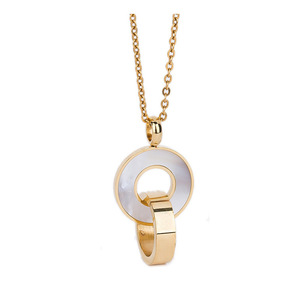 Fashionable Stainless Steel 18K Gold Double <b>Ring</b> Shell Pendant <b>Necklace</b> Geometric Round Daily Wear Gift Jewelry - Product Image 5