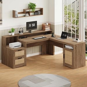 <span class=keywords><strong>Escritorio</strong></span> Ejecutivo en Forma de L con Cajones, Estantes de Almacenamiento, Diseño de Esquina, Tomas de Corriente, Soporte <span class=keywords><strong>para</strong></span> Monitor, Estante <span class=keywords><strong>para</strong></span> Impresora, Color Marrón, Duradero - Product Image 5