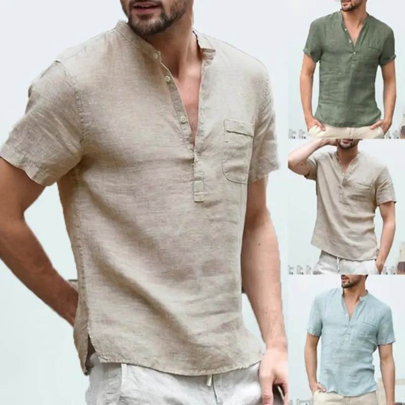 Camiseta masculina de algodão casual de verão com decote em V de linho de manga curta para homens por atacado