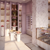 Vitrine transparente de style luxueux et mignon avec éclairage LED pour desserts, café, avec un design de desserts exquis