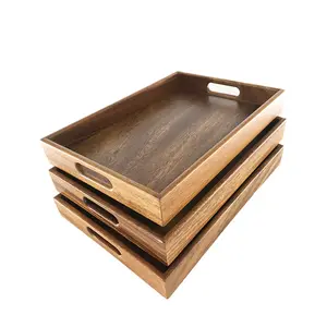 Bandeja de madera de acacia de nogal rústica para servir comida, mesa de café y té, decoración otomana con mango