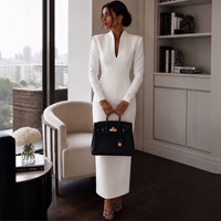 Robe midi moulante élégante de couleur unie, col montant, col en V cranté, manches longues, robe de bureau et de soirée pour femmes