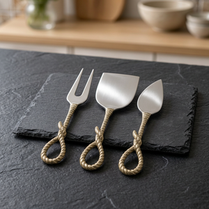 Juego de utensilios para servir queso de acero inoxidable con asas de cuerda creativas, acabado cepillado, que incluye tenedor, espátula, cuchara y juego de cuchillos para queso, apto para lavavajillas. - Product Image 1