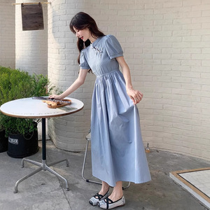 Blue Traditional Chinese Dress Women Puff Sleeves Chinese Knot Buttons Solid Color Polyester Long Skirt Elegant Style - Product Image 2