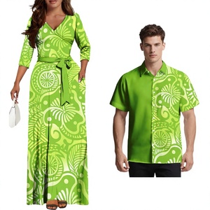 Conjunto de Pareja de Poliéster, Vestido Samoano con Cuello en V y Bolsillo, Camisas Casuales de Estilo Polinesio, Estampado Tropical Hawaiano, Personalizado, Unisex, Verano - Product Image 3