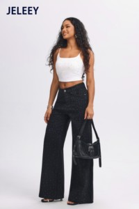 JELEEEY Pantaloni in denim da donna a vita alta e gamba larga con motivo a pois con paillettes, vestibilità ampia, lunghezza intera, jeans casual estivi - Product Image 3