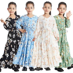 Southeast Asian Girl Floral Dress Muslim Kids Kaftans Dress Abaya Dubai Arabic Turkey Islam Pakistan Dress Abayas Children Robe