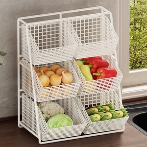 Cestino Portaoggetti in Metallo per <span class=keywords><strong>Cucina</strong></span>, Design a Tre Livelli Compartimentato, Rimovibile, Grande Capacità per Verdura, Frutta e Snack - Product Image 4