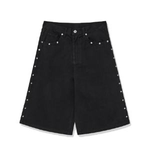 Wholesale Price Streetwear Loose Fit High Quality Heavy Cotton <b>Jeans</b> <b>Short</b> <b>Men's</b> Wide-<b>Leg</b> Denim <b>Shorts</b> with Side Metal Studs - Product Image 4