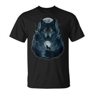 Camiseta con gráfico de lobo que ruge ante la luna, diseño de cuello redondo para hombre, color negro - Product Image 1
