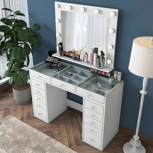 Tocador de Maquillaje Estilo Francés con Tapa de Cristal Grande y 13 Cajones, Tocador de Cristal Nórdico Económico con Espejo con Iluminación LED - Product Image 4