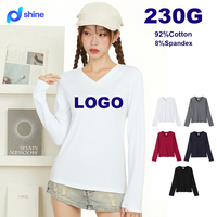 Camiseta de Diseñador para Mujer, 230 g/m², 92% Algodón, 8% Elastano, Blanca, Manga Larga, Cuello en V, Cintura Ajustada, Estampada