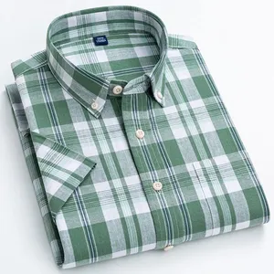 Summer Stylish Shirt Men Green Plaid Cotton+Linen Short-sleeved Casual Non-iron Breathable Button Up Solid Male Clothes