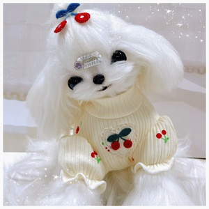 Ropa para mascotas con estampado de cerezas, para perros pequeños Teddy Bichon Frise, tejida, de alta elasticidad, con mangas abullonadas, capa base, color albaricoque, para las cuatro estaciones - Product Image 1