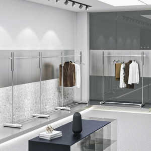 Étagères de présentation pour magasins de vêtements : rails à vêtements en acier inoxydable noir, étagères d'îlot de présentation sur pied blanches - Product Image 4