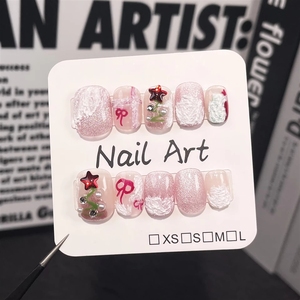 <span class=keywords><strong>Uñas</strong></span> Postizas <span class=keywords><strong>Cortas</strong></span> Cuadradas Hechas a Mano, Diseño Kawaii de Muñeco de Nieve, Alce y Árbol de Navidad, para Mujeres y Niñas, Manicura Festiva - Product Image 1