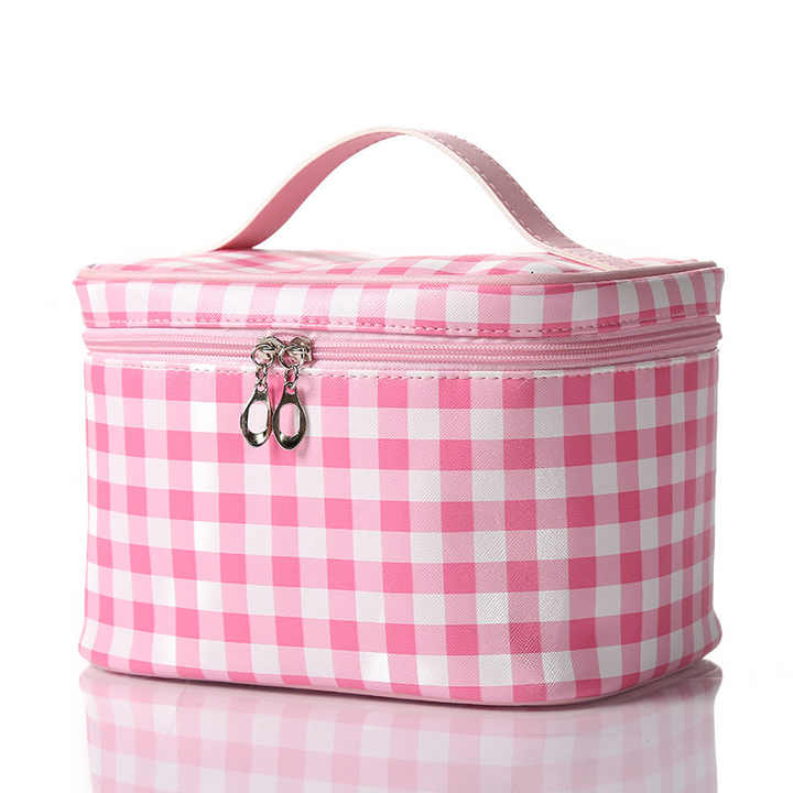 Make up bag plaid toiletry pu leather waterproof makeup bag custom 