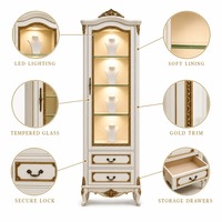 Vitrine à bijoux vintage française, haute, en bois massif, avec porte en verre, éclairage LED intégré, pour la vente au détail et en gros