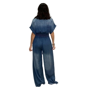 Nouvelle Arrivée Combinaison en Jean Chic pour Femme à Col Boutonné, Manches Courtes, Coupe Ample et Jambes Larges, Tendance - Product Image 6