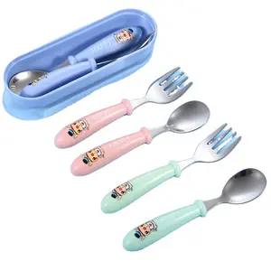 Cartoon Design ABS Handle Baby Feeding Set Talheres Kids Spoon And Fork Set Aço Inoxidável Toddler Dinnerware Talheres Set