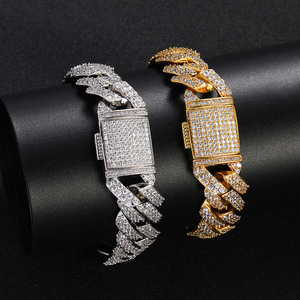 Bracelet cubain pour homme 15 mm avec fermoir à bascule, double rangée de zircons losanges, style Hip Hop Tanjing - Product Image 4