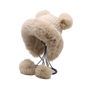 Chapeau oreillette d'extérieur laine tricoté neige ski casquette polaire bombardier trappeur chapeau femmes <span class=keywords><strong>deux</strong></span> fausse fourrure de lapin <span class=keywords><strong>pompon</strong></span> hiver chapeau chaud - Product Image 1