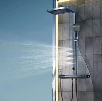 Ensemble de douche thermostatique chaud/froid carré apparent réglable avec affichage numérique LED, touches piano et jet de douche lombaire, finition brossée