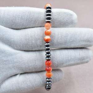 Bracelet extensible fait main en argent sterling, perles et turquoise d'huître épineuse orange - Product Image 4