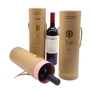 מותאם אישית יצירתי הניתן למחזור מתנה עגולה קופסאות צינור נייר אריזה בקבוק יין עם ידית חבל