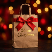 Sac en papier kraft personnalisé écologique pour Noël avec nœud en ruban, sac cadeau brun en gros, emballage de Noël, sac de shopping