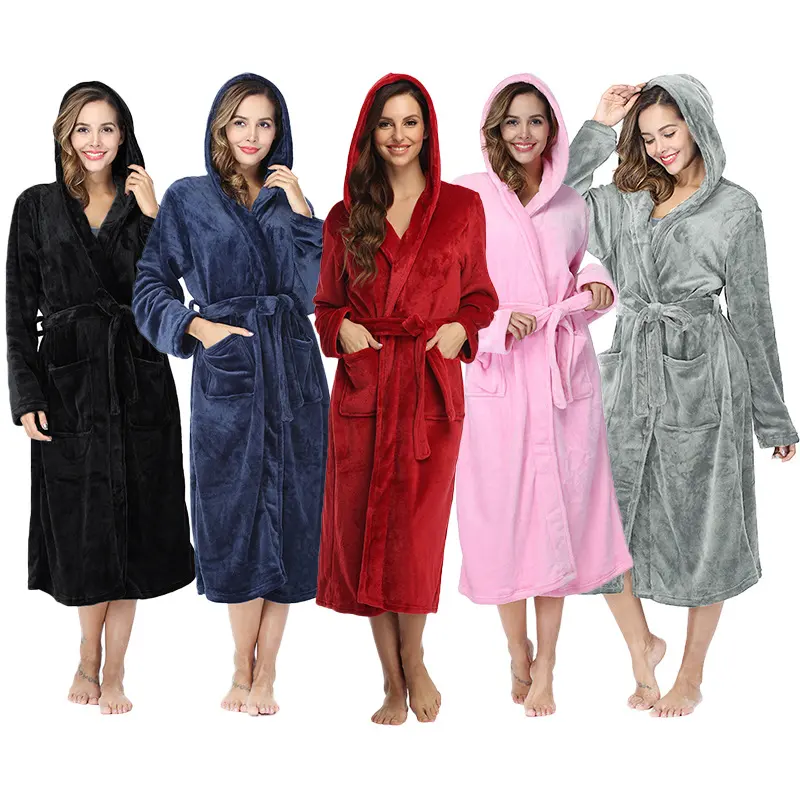 Kustom desain klasik flanel berkerudung mantel mandi wanita baju tidur wanita baju tidur jubah bulu dengan tudung
