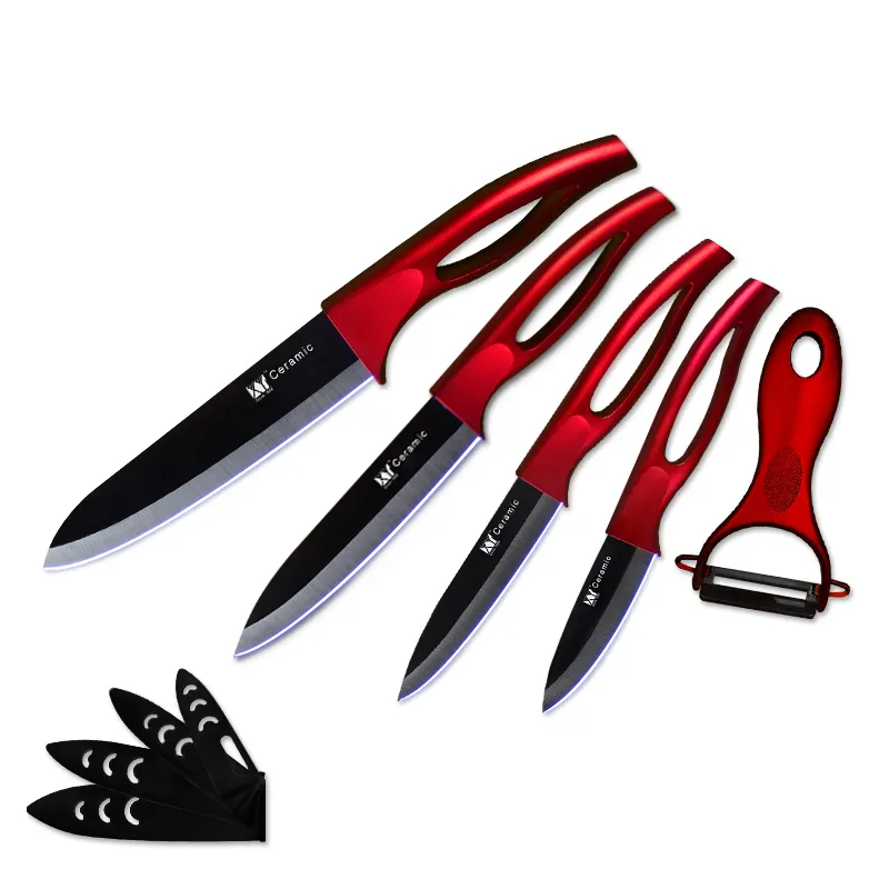 Cheap ceramic kitchen knives set red hollow design handle Food grade Black blade 5pcs coated ceramic knife with covers