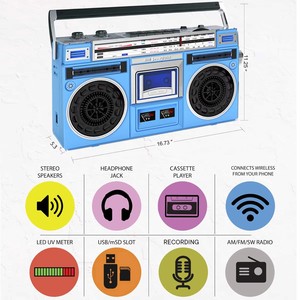 Lecteur de cassettes portable rétro Boombox avec radio-<span class=keywords><strong>cassette</strong></span>, enregistreur BT, LED, USB, SD, TF, enregistrement BT, son stéréo <span class=keywords><strong>HIFI</strong></span>, AUX, inversion automatique - Product Image 2