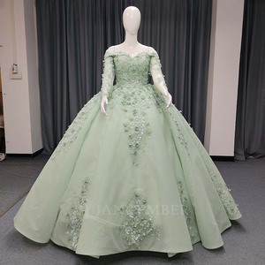 Lsany214 Luxury Green <b>Ball</b> Gown Wedding Dress Ruffled Lace Appliques Beaded Detail Brush Plus Size Wedding Dress Jancember - Product Image 2