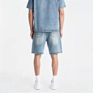 Shorts en jean décontractés pour hommes, style vintage, bleu clair, délavé, effet usé, patchwork, cordon de serrage, streetwear - Product Image 2