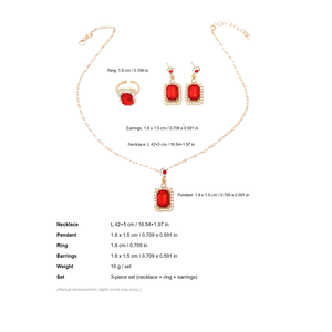 Set di <span class=keywords><strong>Gioielli</strong></span> Vintage con Cristalli Rossi Quadrati per Donne, Elegante Collana con Pendente in Rubino e Strass, Orecchini Pendenti, Anello Aperto - Product Image 3